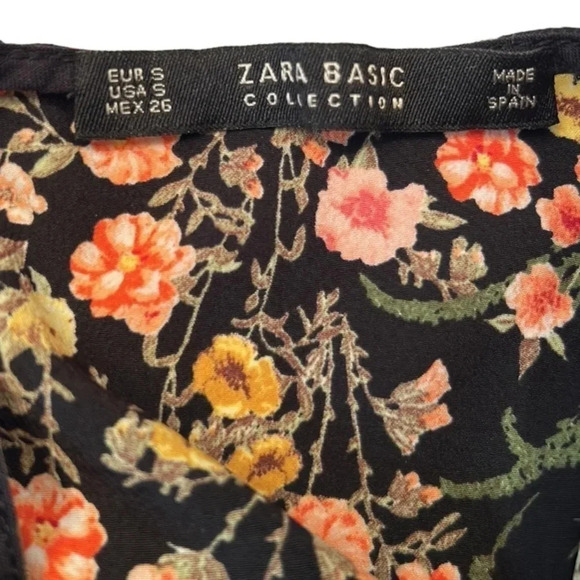 ZARA Floral Black Long Sleeve Ruffle Blouse Small - Picture 7 of 10